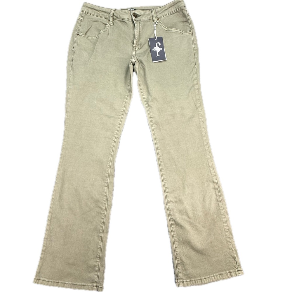 Flamingals Bootcut Pants Womens L Olive Green Khaki Stretch‎ Mid Rise Flare